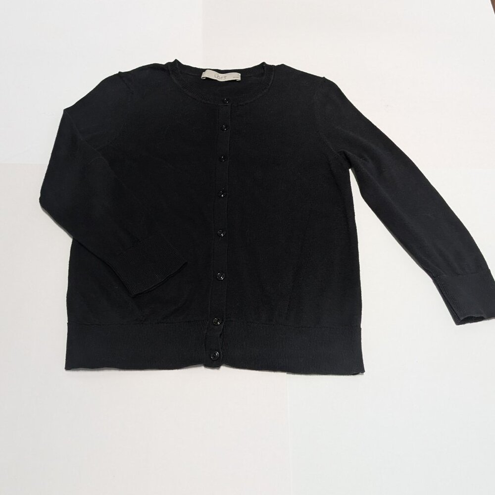 Ann Taylor Loft Classic 3/4 Sleeve Button Up Scoop Neck Black Cardigan, XS-SP